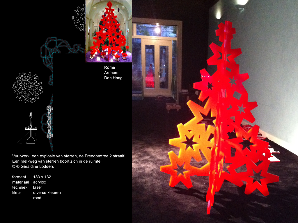 Kerstboom , vuurwerk, een explosievan sterren, de freedomtree 2 straalt! Een melkweg van sterren boort zich in de ruimte. Rome 2012 - Arnhem 2019